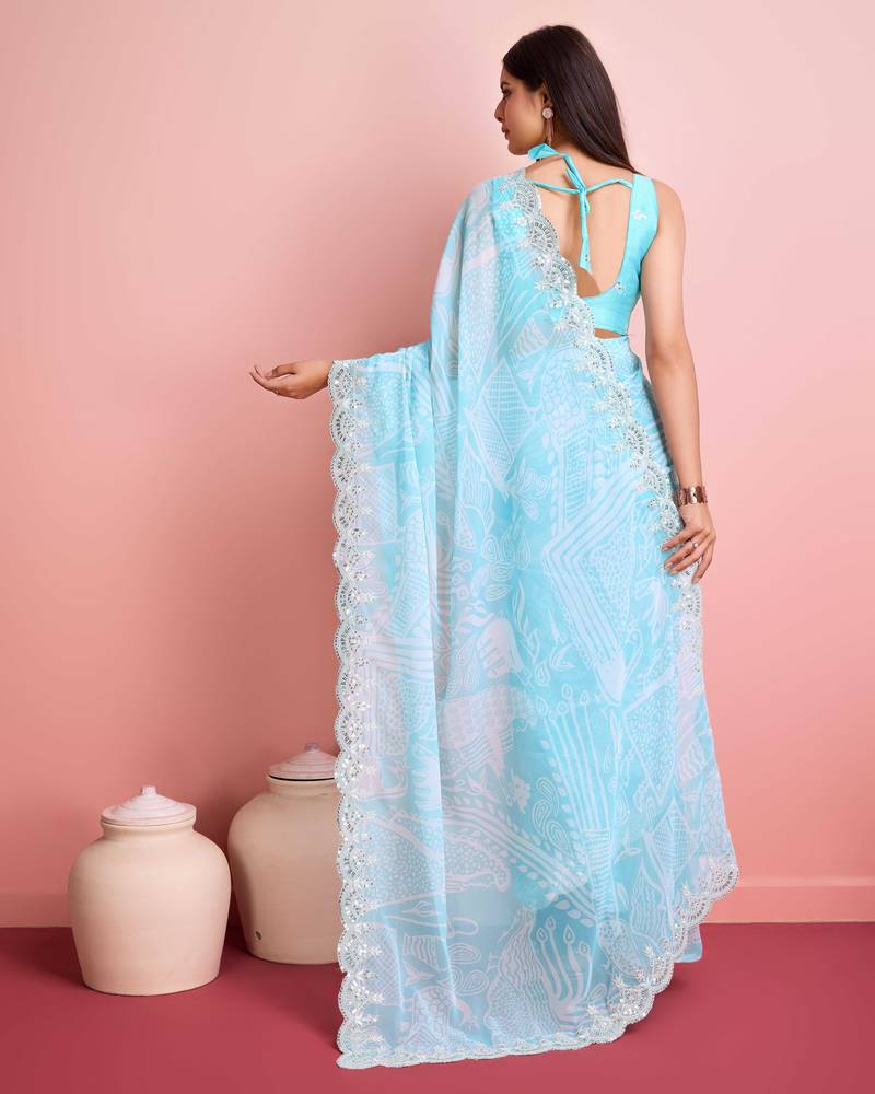 Sky Blue Printed Saree