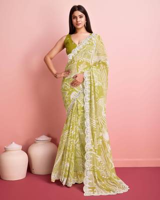 Green Clr Prined saree with work blouse peice 1