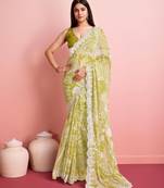 Green Clr Prined saree with work blouse peice