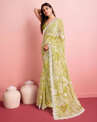 Green Clr Prined saree with work blouse peice 2