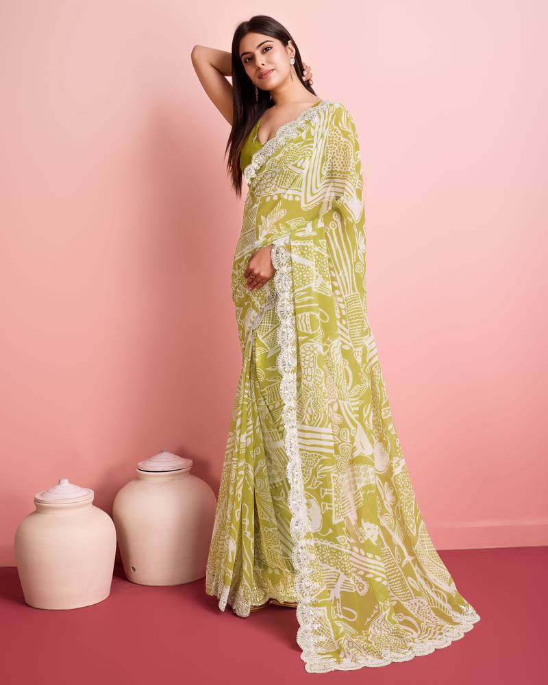 Green Clr Prined saree with work blouse peice