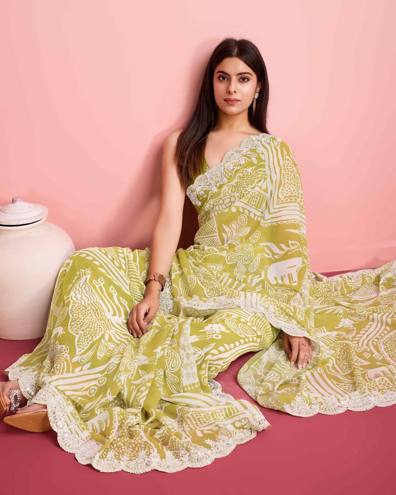 Green Clr Prined saree with work blouse peice