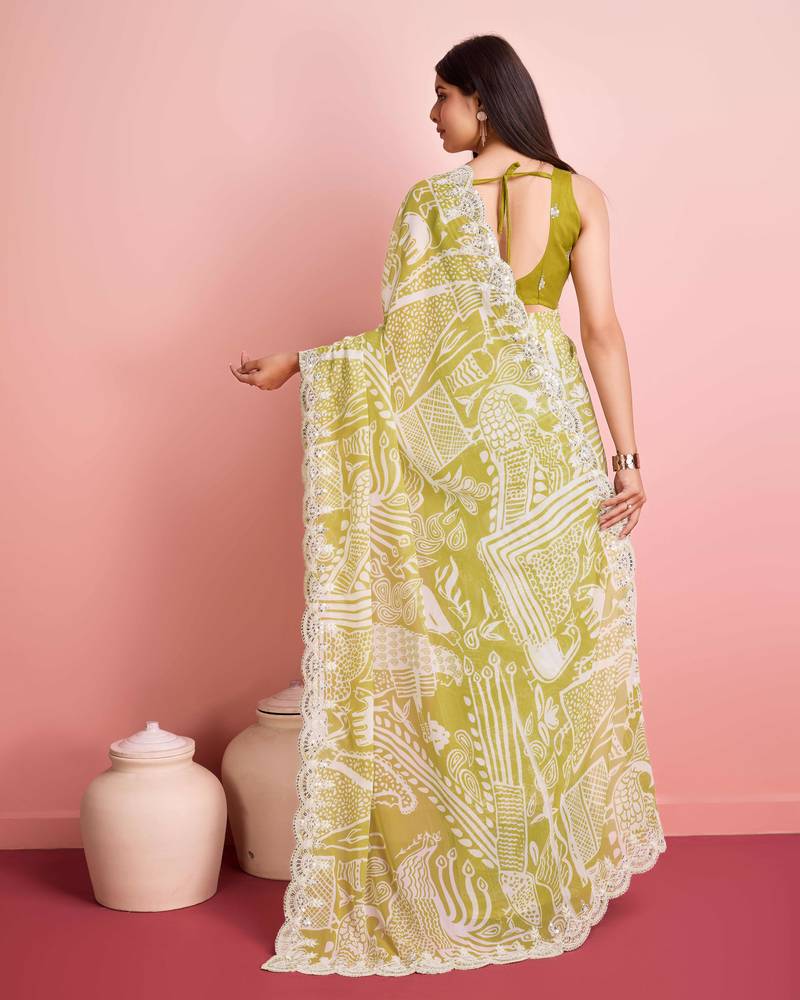 Green Clr Prined saree with work blouse peice