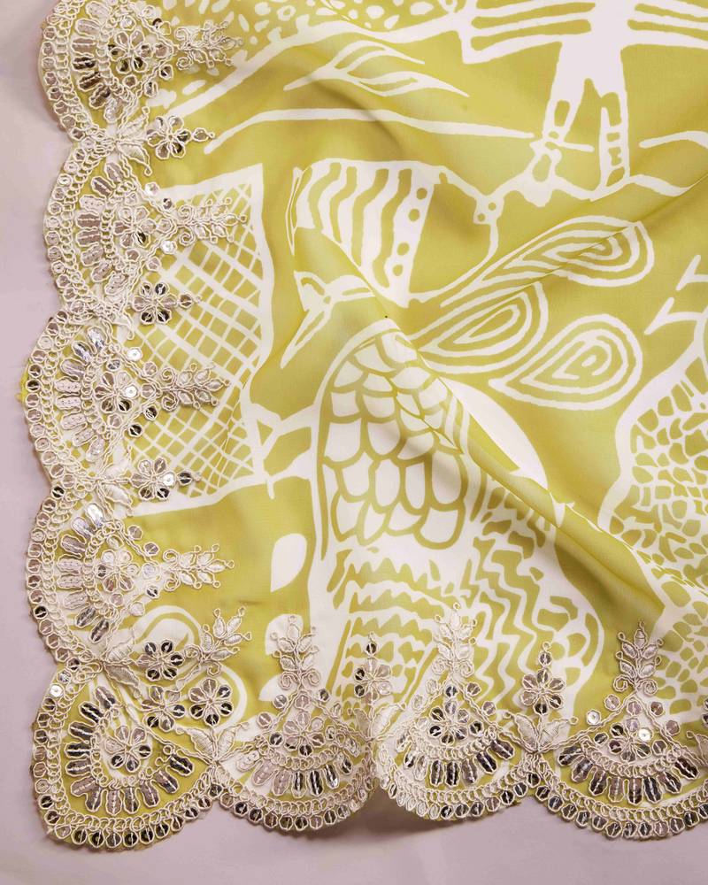 Green Clr Prined saree with work blouse peice