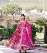 Dazzling smart pink colour heavy gown with dupatta for ethnic party looks