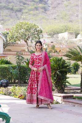 Dazzling smart pink colour heavy gown with dupatta for party looks 2