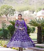 Dazzling smart purple colour heavy gown with dupatta for ethnic party looks