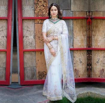 Off White Soft Net Embroidery Work Saree With Blouse Peice 1
