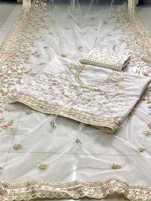 Off White Soft Net Embroidery Work Saree With Blouse Peice 4