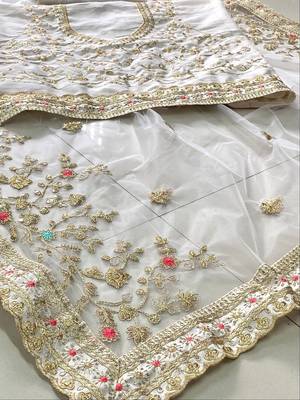 Off White Soft Net Embroidery Work Saree With Blouse Peice 5