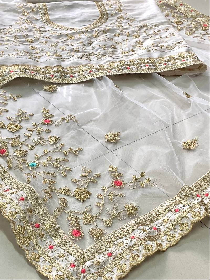 Off White Soft Net Embroidery Work Saree With Blouse Peice