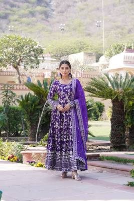 Dazzling smart purple colour heavy gown with dupatta for party looks 2