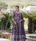 Dazzling smart wine colour heavy gown with dupatta for ethnic party looks
