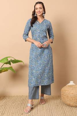 Blue colour printed ethnic cotton partywear kurti bottom set 1