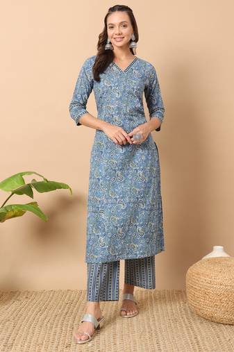 Blue colour designer printed ethnic cotton partywear kurti bottom set