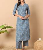 Blue colour designer printed ethnic cotton partywear kurti bottom set