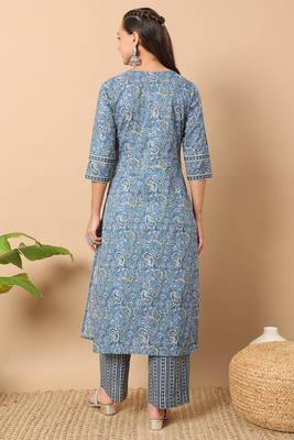 Blue colour printed ethnic cotton partywear kurti bottom set 2