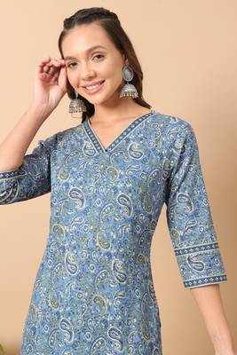 Blue colour printed ethnic cotton partywear kurti bottom set 3