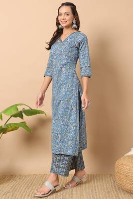 Blue colour printed ethnic cotton partywear kurti bottom set 5