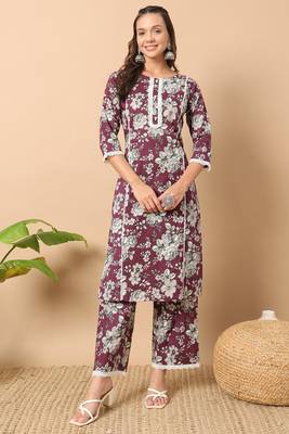 Wine colour printed ethnic cotton partywear kurti bottom set 1