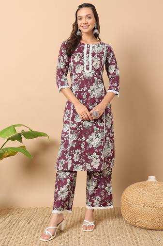 Wine colour designer printed ethnic cotton partywear kurti bottom set