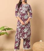 Wine colour printed ethnic cotton partywear kurti bottom set
