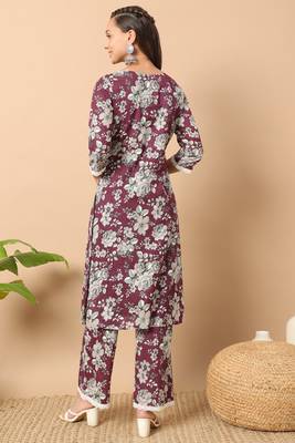 Wine colour printed ethnic cotton partywear kurti bottom set 2