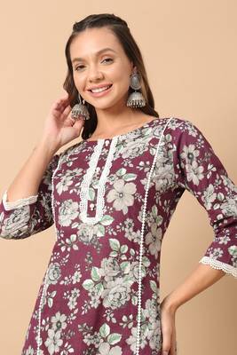 Wine colour printed ethnic cotton partywear kurti bottom set 3