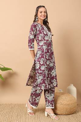 Wine colour printed ethnic cotton partywear kurti bottom set 5