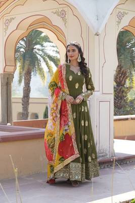 Mahendi colour heavy embroidered partywear gown with dupatta for classy looks 1