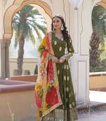 Mahendi colour heavy embroidered partywear gown with dupatta for classy looks