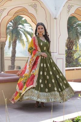 Mahendi colour heavy embroidered partywear gown with dupatta for classy looks 2