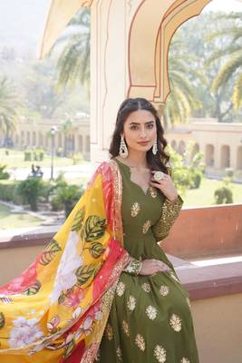 Mahendi colour heavy embroidered partywear gown with dupatta for classy looks 3