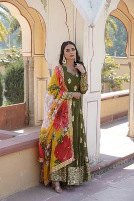 Mahendi colour heavy embroidered partywear gown with dupatta for classy looks 4