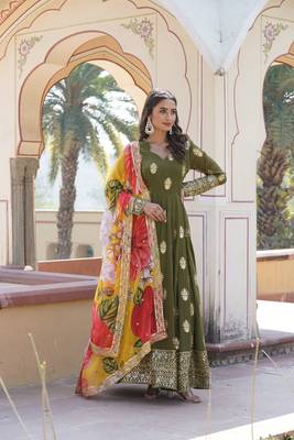 Mahendi colour heavy embroidered partywear gown with dupatta for classy looks 5