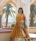 Yellow colour heavy embroidered partywear gown with dupatta for classy looks