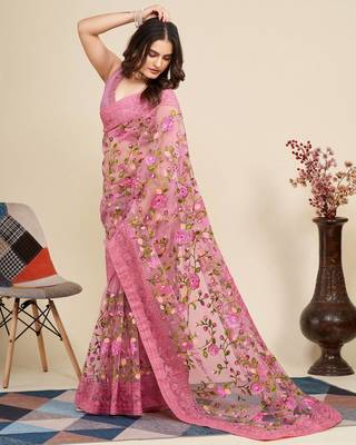 Peach Clr Soft Net Work Saree 1