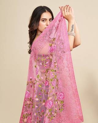 Peach Clr Soft Net Work Saree 2