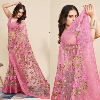 Peach Clr Soft Net Work Saree 3