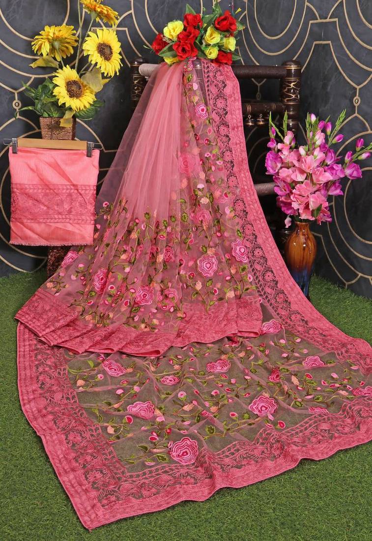Peach Clr Soft Net Work Saree