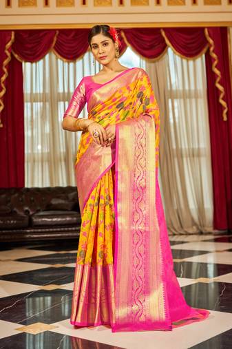 Yellow Geomatric Organza silk bland zari border saree with Blouse