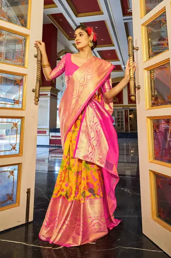 Yellow Geomatric Organza silk bland zari border saree with Blouse