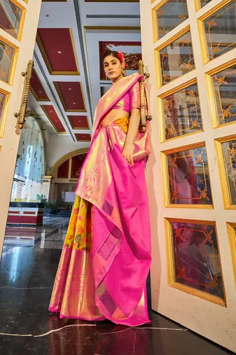 Yellow Geomatric Organza silk bland zari border saree with Blouse
