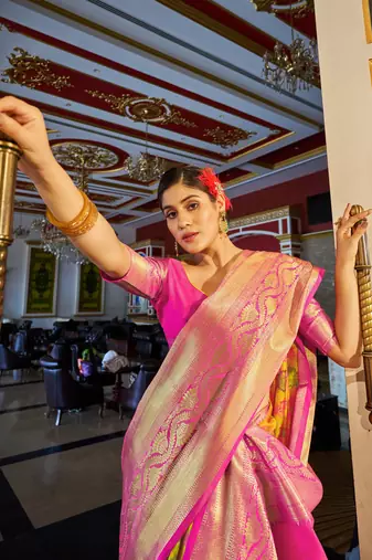 Yellow Geomatric Organza silk bland zari border saree with Blouse