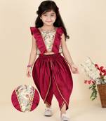 Kids farm girls maroon sleeveless silk floral printed & lace embellished crop top & dhoti set