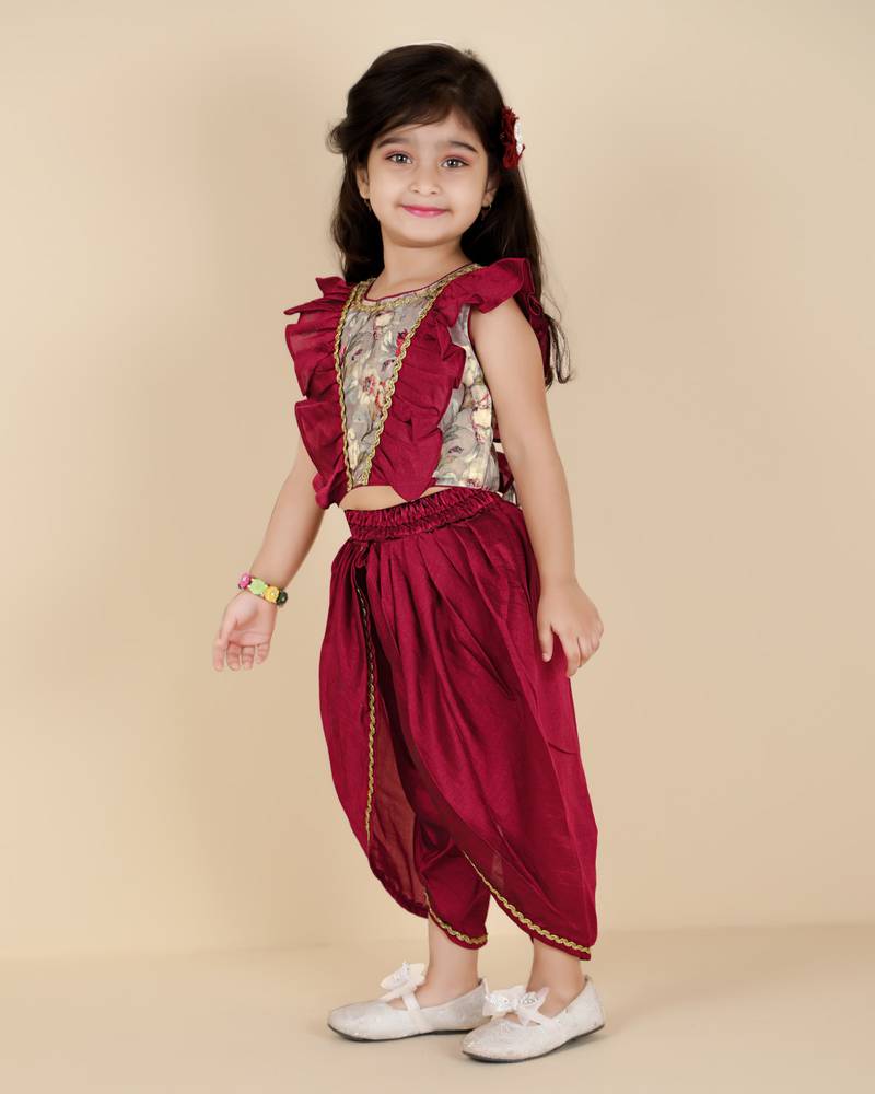 Kids farm girls maroon sleeveless silk floral printed & lace embellished crop top & dhoti set