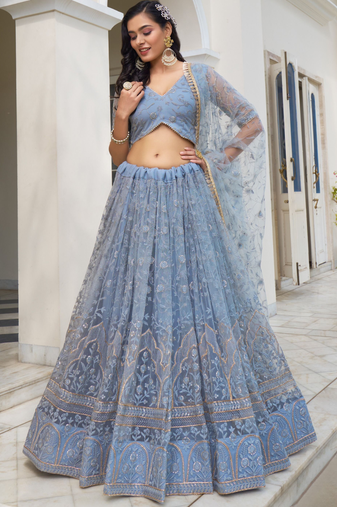 Amazing Light Blue Sequins Embroidery Work Lehenga Choli With Dupatta 