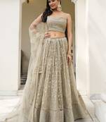 Beige Polyester Net Thread Embroidery Lehenga Set