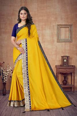 Mustar Vichitra Art silk Embriodered Lace Saree With Blouse Piece. 1