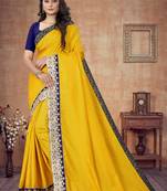 Mustar Vichitra Art silk Embriodered Lace Saree With Blouse Piece.